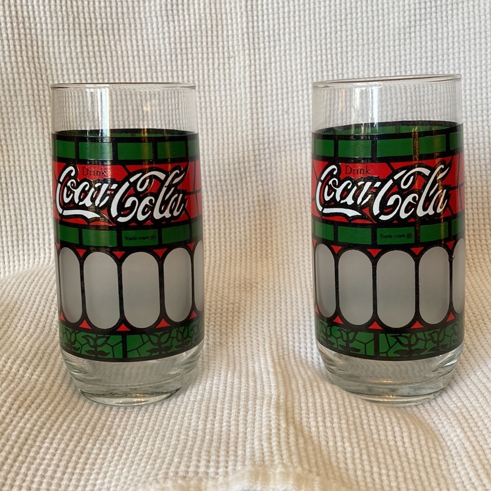 Vintage Coca Cola Frosted Stained Glass Tiffany Style Red/Green Glasses